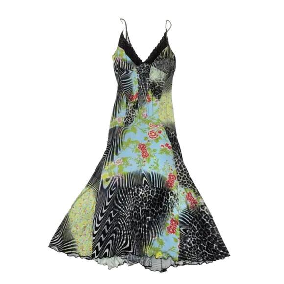 Vintage Luxury Roberto Cavalli Designer Dress Animal Print Floral Patchwrk Sz 8 - Picture 2 of 7